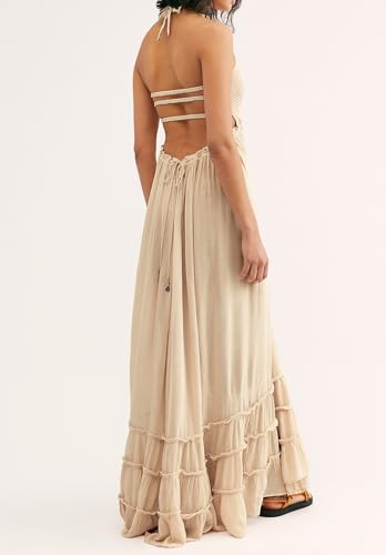 R.Vivimos Womens Summer Boho Sexy Backless Long Dresses - color: Apricot, size: Small