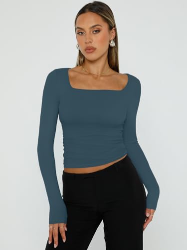 Trendy Queen Women's Square Neck Tops Cropped Going Out Long Sleeve Shirts - color: Haze Blue, size: Small