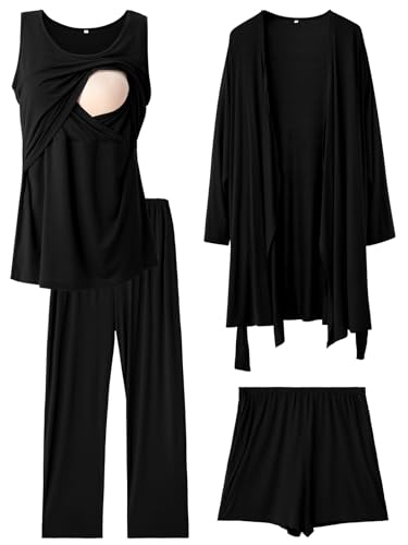 Rnxrbb 4PCS Year-Round Nursing Pajamas Robe Set Postpartum Breastfeeding Pj - color: Black, size: Medium