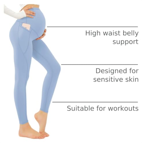 JOYSPELS Smooth Feeling Maternity Workout Leggings with Pockets Pregnancy Pants Over The Belly - color: Light Blue, size: Large