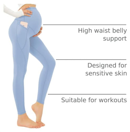 JOYSPELS Smooth Feeling Maternity Leggings Over The Belly with Pockets Workout Pregnancy Pants - color: Light Blue, size: Medium