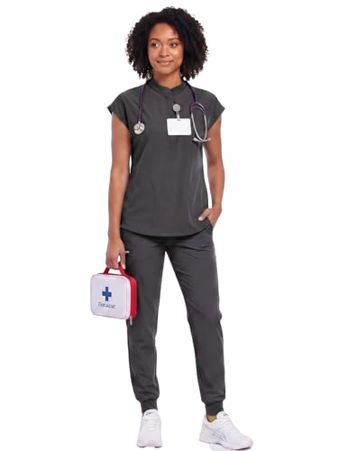 VECARDI Womens Scrub Top Zip Front Dolman Sleeves with Pockets - color: Grey, size: Large