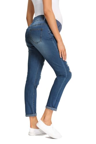 Foucome Women's Maternity Jeans Stretch Ripped Boyfriend Jeans - color: 066# - Dark Blue, size: Medium