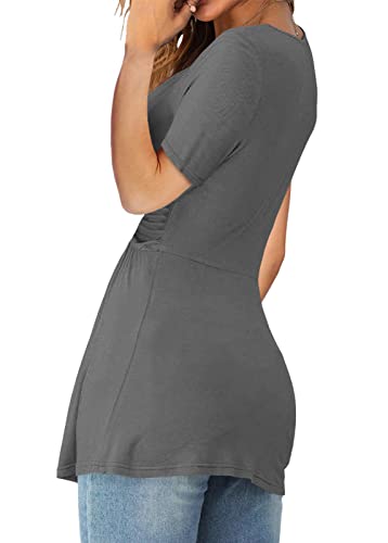 Tankaneo Womens Front Knotted V-Neck Blouse T Shirt Short Sleeve Oversized Tunic Tops Summer Solid Pullover Tees - color: A26-gray, size: Large
