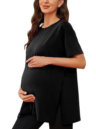 Ecavus Maternity Shirts Side Split Soft Cotton Loose Fit Pregnancy Tops - color: Black, size: Small