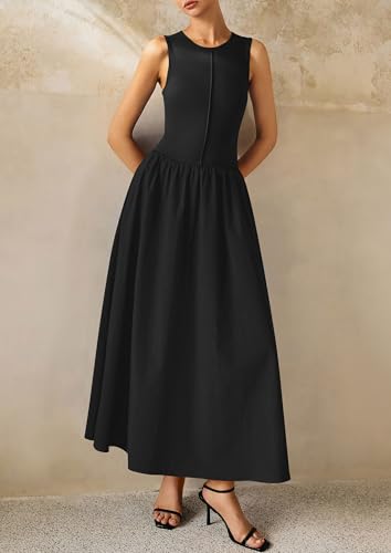 PRETTYGARDEN Pleated Maxi Dresses for Women with Pockets - color: Black, size: Medium