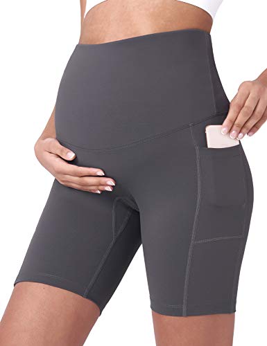 POSHDIVAH Maternity Biker Shorts Over the Belly with Pockets 5"/8" - color: Grey, size: Large
