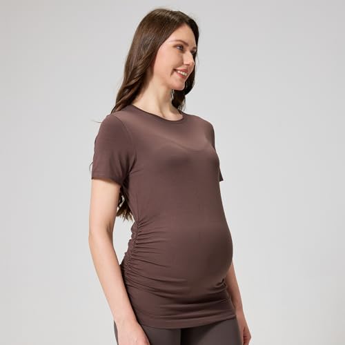 netdraw Buttery Soft Bamboo Viscose Maternity T Shirt, Pregnancy Short Sleeve Side Ruched Casual Tops - color: Cocoa, size: X-Large