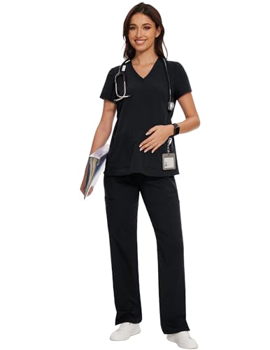 AMPOSH Women's Maternity Scrub Pants with 6 Pockets Stretchy Straight Leg Pregnancy Workwear - color: Black/Black, size: X-Large