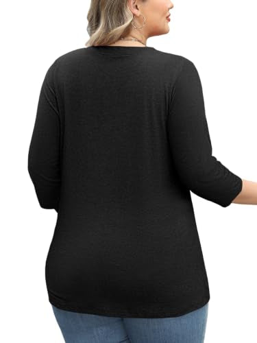 Womens Summer Plus Size 3/4 Length Sleeve Tops Button Down Shirts L-4XL - color: Black, size: 3X-Large