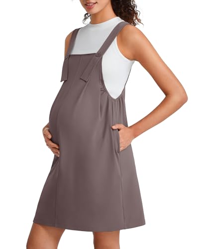 G4Free EverGoing Maternity Overall Dress Adjustable Straps Pregnancy Jumpsuits Dresses with Pockets Casual Work - color: Taupe, size: Large