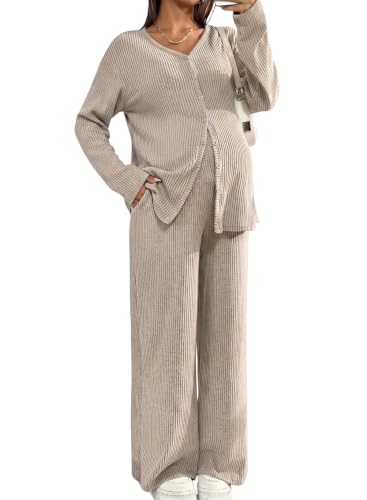 BLENCOT Maternity Lounge Set 2 Piece Long Sleeve Top and Pants with Pockets - color: Apricot, size: XX-Large