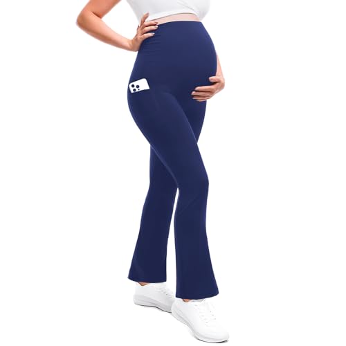 Leafigure Maternity Flare Leggings with Pockets - color: Navy, size: Large