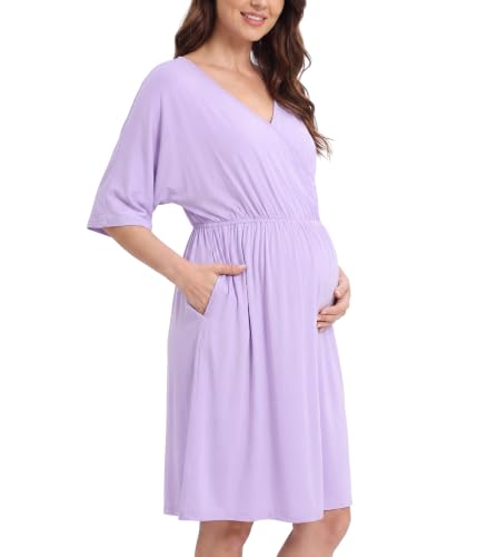 3 in 1 Labor/Delivery/Hospital Gown Bamboo viscose Maternity Dress Nursing Nightgown Sleepwear with Pockets S-XXL - color: Medium Violet, size: X-Large