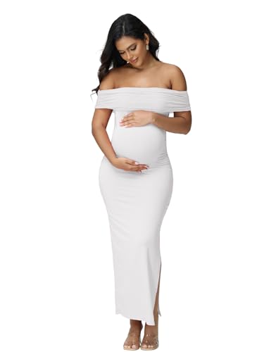 Women's Maternity Mesh Off Shoulder Party Long Dress Baby Shower - color: White, size: Medium