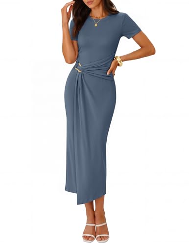 ZESICA Women's Summer Short Sleeve Wrap Cocktail Midi Dress - color: Dusty Blue, size: X-Large