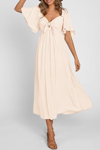 PRETTYGARDEN Women's Summer Bow Tie V Neck Midi Dresses - color: Beige, size: Medium