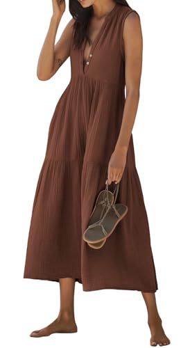 R.Vivimos Womens Summer Cotton Button V Neck Maxi Dress - color: Brown, size: Large