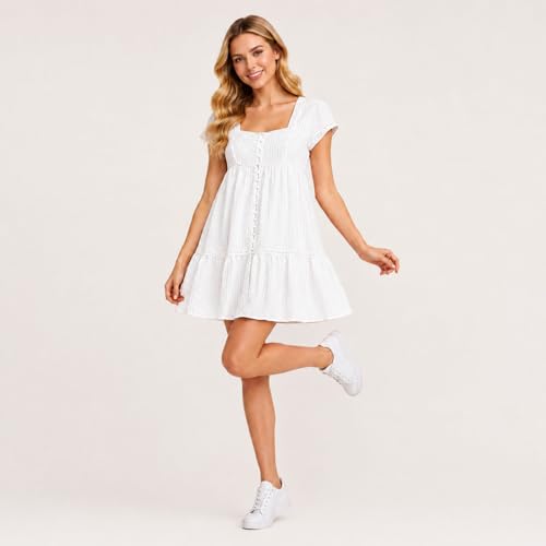 Womens Summer Square Neck Ruffle Hem Casual Babydoll Mini Dress - color: Ivory, size: Large