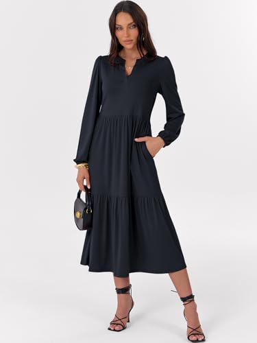 ANRABESS Women's Long Sleeve Fall Flowy Boho Maxi Dresses - color: Navy Blue, size: Medium