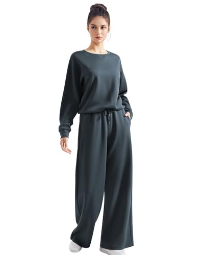 SUUKSESS Women 2 Piece Outfits Fall Oversized Sweatshirt Wide Leg Pants - color: Grey Blue, size: X-Large