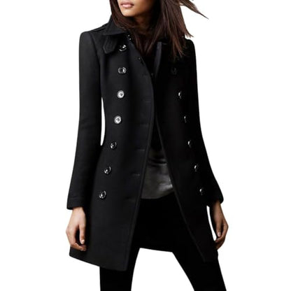 chouyatou Women's Winter Double Breasted Wool Coat Elegant Collared Wool Blend Trench Pea Coat - color: Black, size: Medium