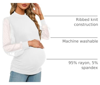 FMEYOA Women's Maternity Shirt Long Sleeve Top Mock Neck Blouse - color: White, size: Large
