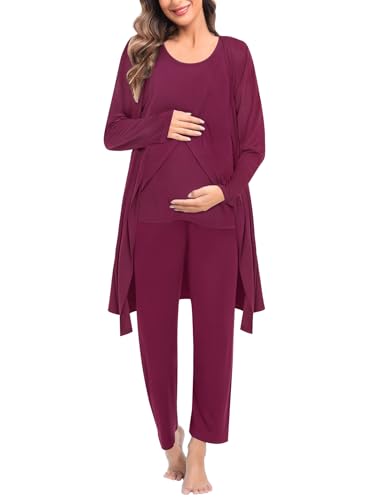 SWOMOG Maternity Nursing Robe Set 3 PCS Postpartum Breastfeeding Pajamas Hospital Pregnancy Pjs Double Layer Lounge Set - color: Burgundy, size: Medium