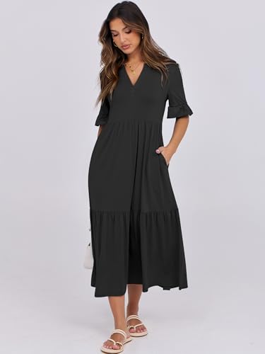 ANRABESS Womens Summer Casual Maxi Dresses Ruffle Short Sleeve Dress - color: Black, size: Medium