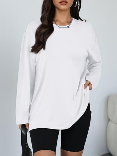 Trendy Queen Womens Oversized Side Slit Long Sleeve Shirts Fall Tops - color: White, size: Small