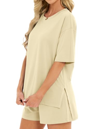 Women's 2 Piece Short Sets Loose Lounge Sets Summer Matching Sets - color: Beige, size: X-Large