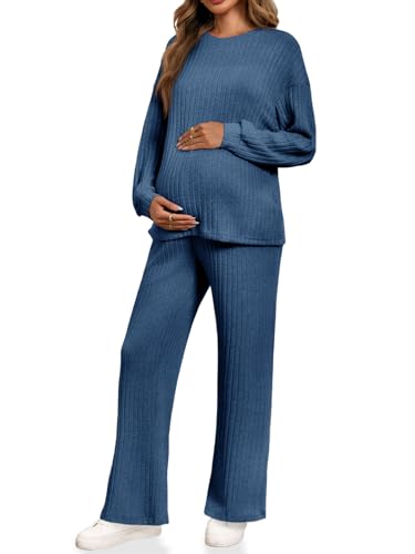 Yousify Womens Maternity Pajamas Sets 2 Piece Outfits Ribbed Knit Lounge Set - color: Navy, size: Medium
