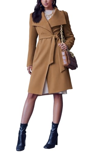 Cicy Bell Women's Pea Trench Coat Lapel Collar Long Jacket Open Front Belted Overcoat with Pockets - color: Brown, size: XX-Large