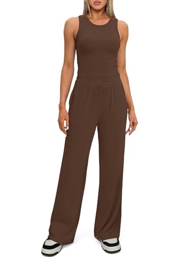 Darong Women's 2 Piece Summer Outfits Sleeveless Matching Lounge Sets - color: Coffee, size: Medium