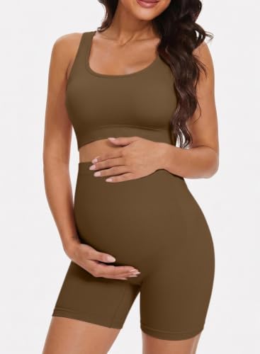 BLENCOT Maternity Workout Sets Pregnancy Yoga Ribbed Tank Tops with Bra - color: Brown, size: Medium