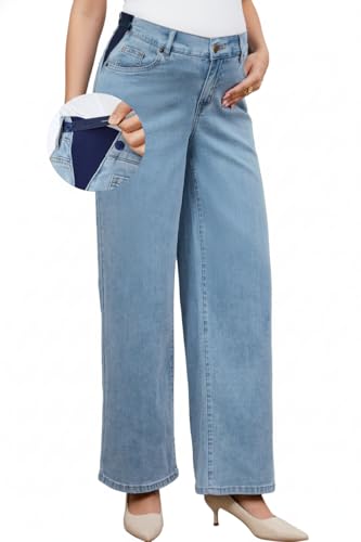 OUGES Women’s Maternity Jeans Adjustable Waistband Wide Leg Work Pants - color: Light Blue, size: Large