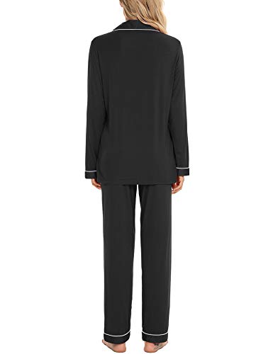 Anjue Long Sleeve Button Up Pajamas Lounge Set for Women S-XXL - color: Black, size: Large