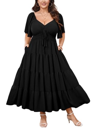 Plus Size Casual Summer Boho Maxi Long Dresses for Curvy Women - color: Black, size: 3X-Large Plus