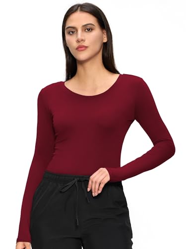 Underscrub Long Sleeve Women Crew Neck Comfort Tee, Scrub Undershirt - color: Burgundy, size: X-Small