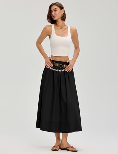 LOMON Midi Skirts for Women with Pockets A-Line Cotton Flowy Elastic Waist - color: Black, size: Small