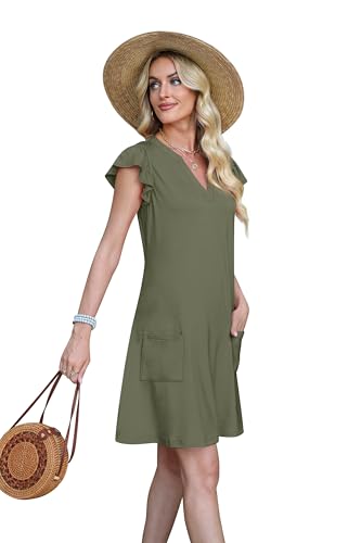 OFEEFAN Spring Summer Dresses for Women 2026 Casual Ruffle Sleeve V Neck Loose Swing Sundresses with Pockets Plain/Print - color: Plain Green, size: Medium