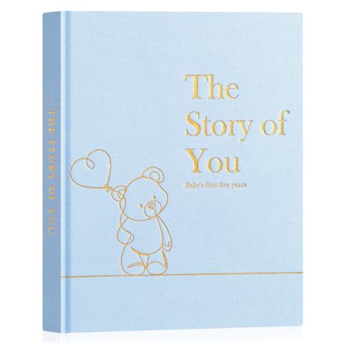 Lanpn Baby Memory Book for Boy Girl - The Story of You, Newborn Babys Keepsake Book Photo Album for New Parents, Linen Cover Baby First 5 Year Milestone Journal Scrapbook (Blue, 154 Pages) - color: Blue