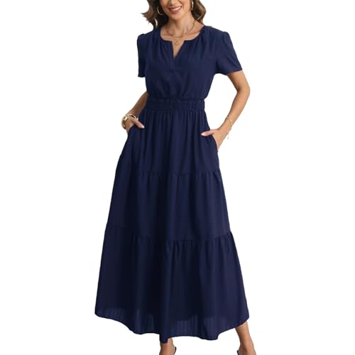 Rainday Maxi Dresses for Women Short Sleeves Casual Dress with Pockets - color: Z3918sbu, size: Medium
