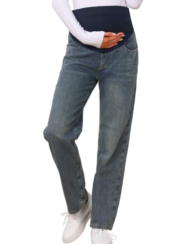 Maternity Jeans Denim Straight Leg Over the Belly Pregnant Casual Pants - color: Grey, size: Small