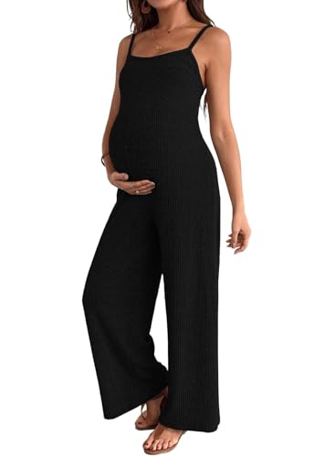BLENCOT Maternity Ribbed Jumpsuit Stretchy One Piece Wide Leg Romper - color: Black, size: Medium
