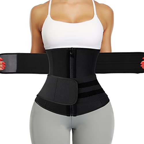 KIWI RATA Neoprene Sauna Waist Trainer Corset Sweat Belt for Women Compression Cincher Band Workout Fitness Back Support - color: #1 Zipper Black(9 Steel Bones 2 Straps), size: Small