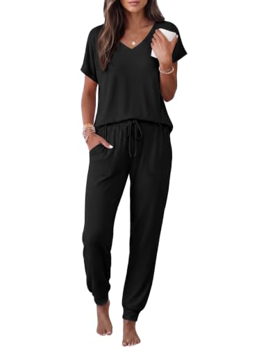 Ekouaer Womens Pajama Sets 2 Piece Lounge Set Short Sleeve Jogger Pants Pjs - color: Black, size: X-Large