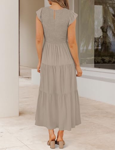 ZESICA Women's 2026 Summer Casual Flutter Short Sleeve Smocked Midi Dress - color: Light Khaki, size: XX-Large