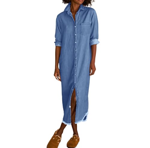 chouyatou Women's Spring Long Sleeve Button Down Denim Shirt Dress Lapel Distressed Midi Long Jean Shift Dress - color: Light Blue, size: Small