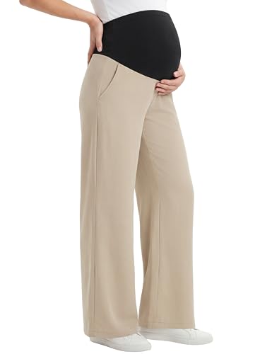 Maternity Pants Wide Leg Pregnancy Palazzo Pants, Khaki, S